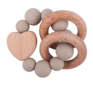 Beechwood Baby Teether Ring with Silicone Beads and Wood Rings NWT